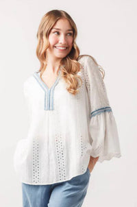 Papillon - Eyelet Top With Denim Trim & Bell Sleeve