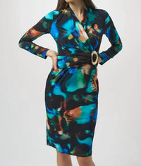 Joseph Ribkoff - Abstract Print Faux Wrap Long Sleeves Dress