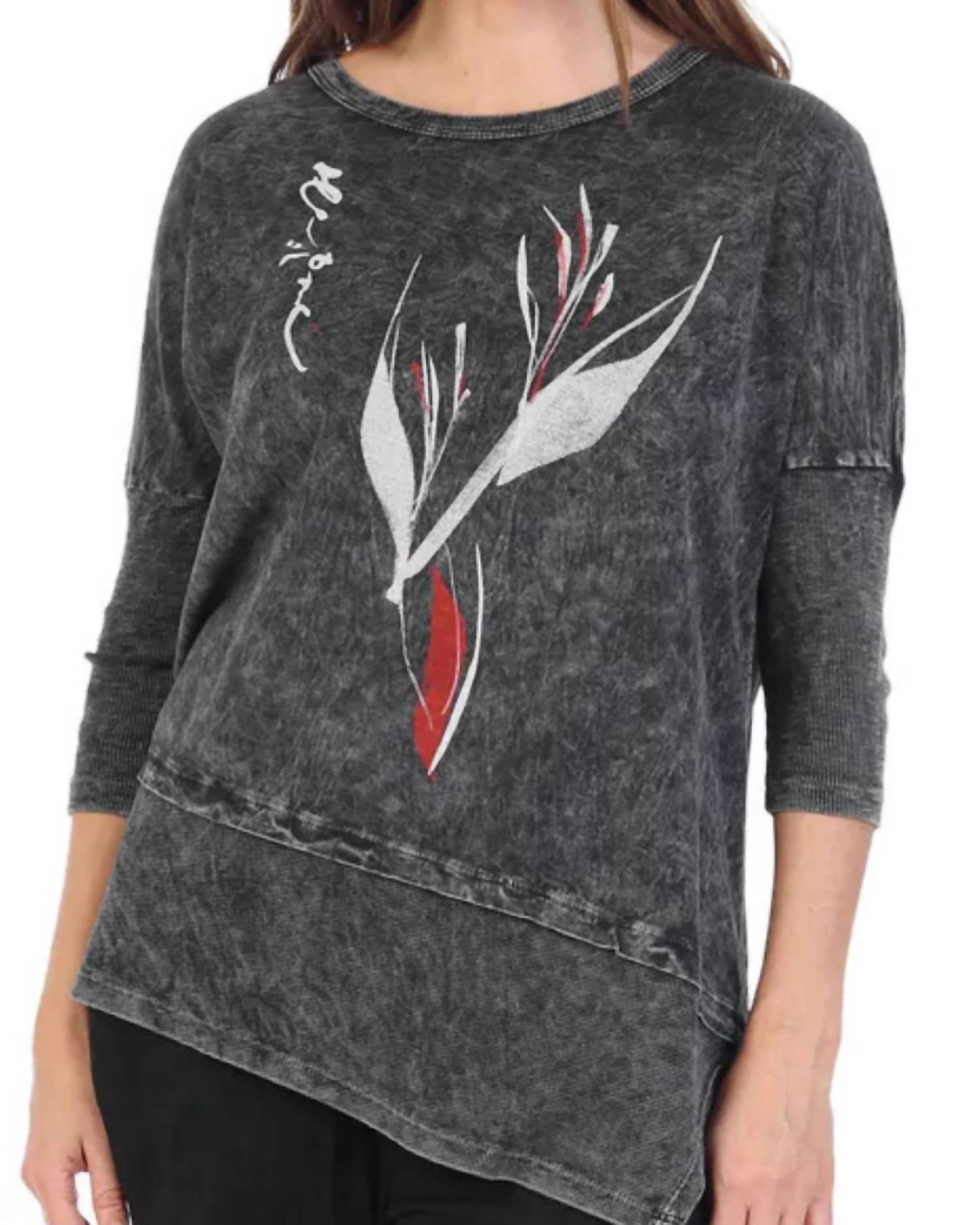 Jess & Jane Ink Mineral Washed Dolman Sleeve Cotton Top in black - women's blouse - detail view