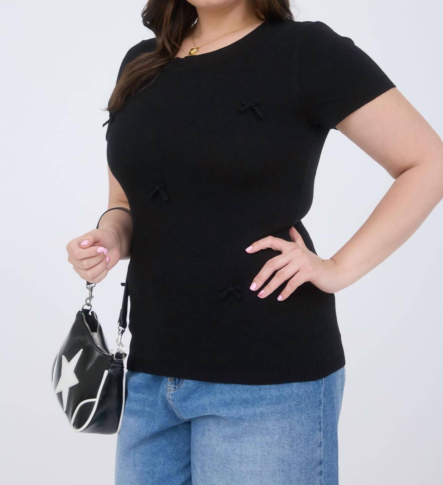 The Workshop - Bow Crew Neck Short Sleeves Sweater Top - Plus
