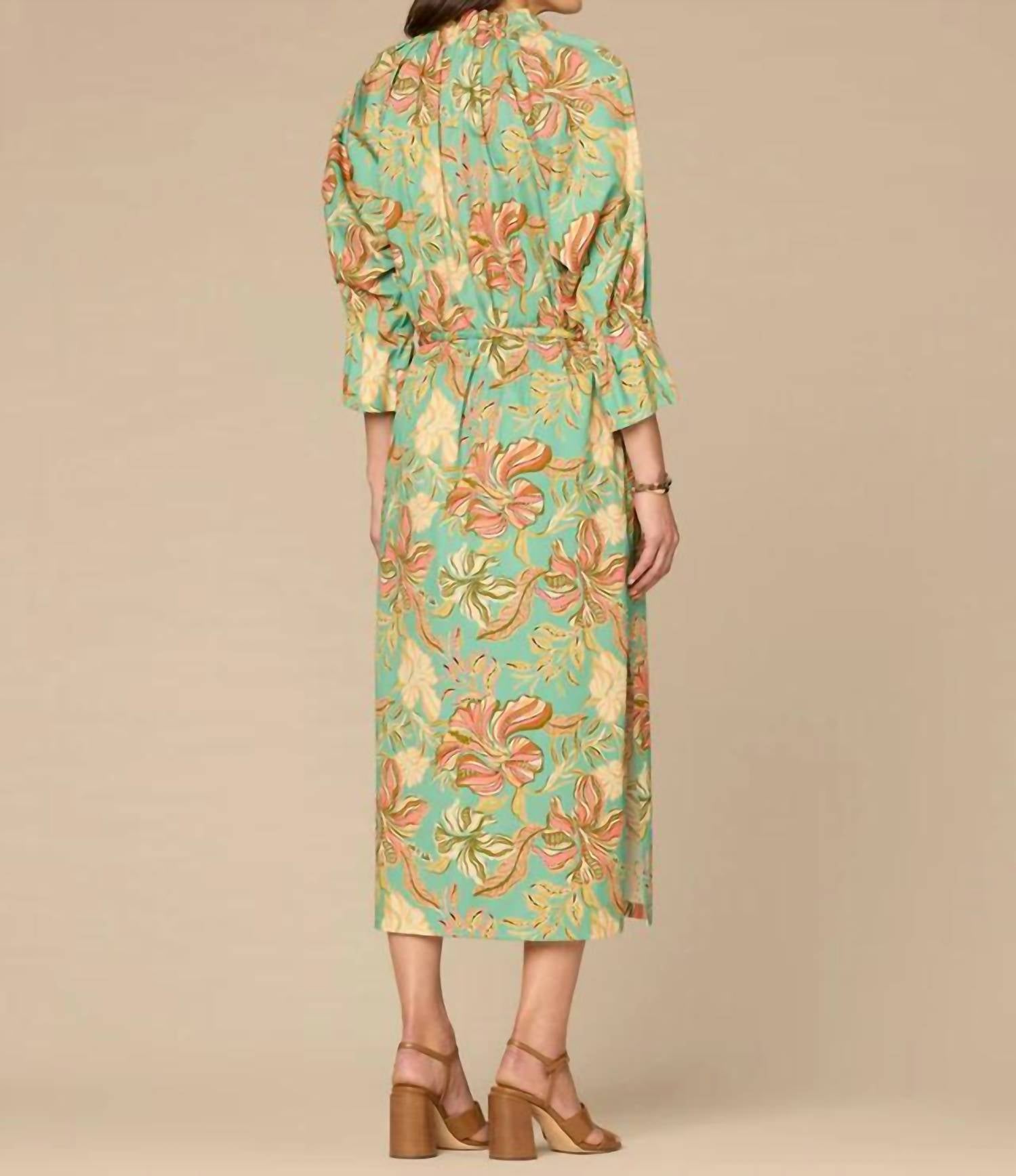 Democracy - 3/4 Sleeve Ruched Neck Printed Dress