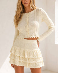 Mable - Sunrise Bow Pointelle Cardigan And Skirt Set