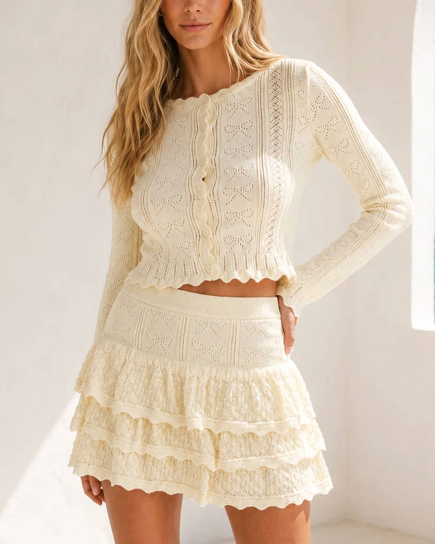 Mable - Sunrise Bow Pointelle Cardigan And Skirt Set