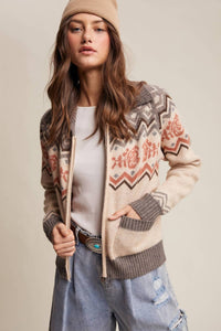 Listicle - Retro Floral Knit Zip-up Cardigan