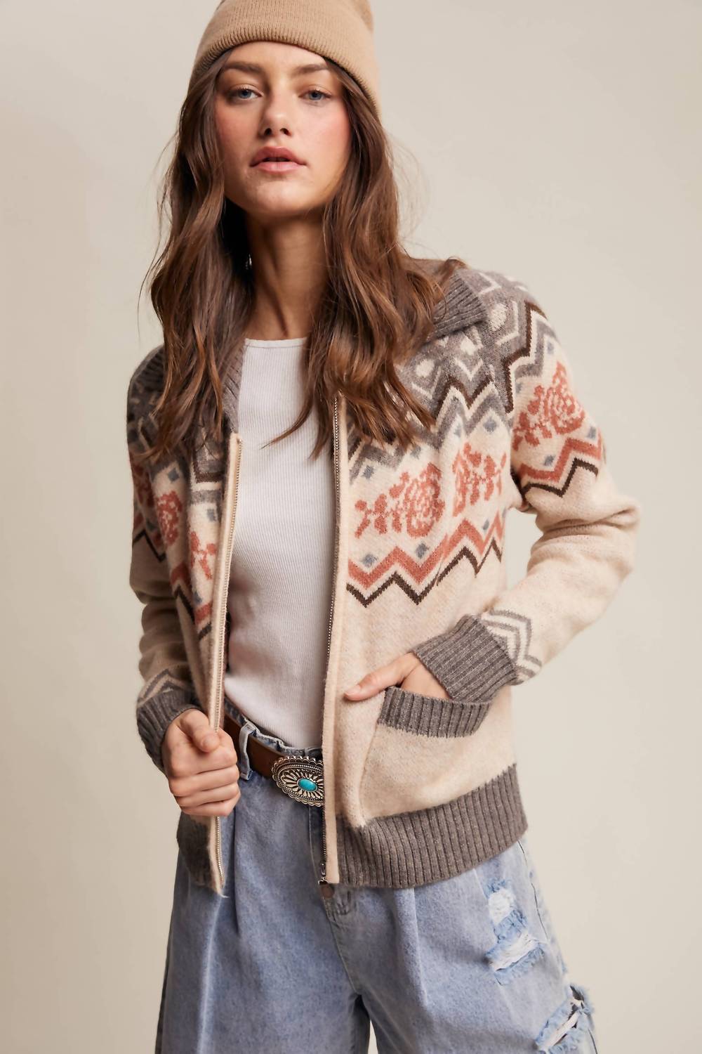 Listicle - Retro Floral Knit Zip-up Cardigan