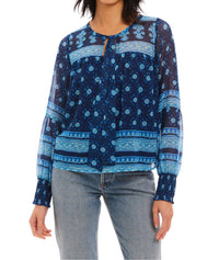 ALLISON NEW YORK Charlie Long Sleeve Blouse in navy medallion - women's blouse - detail view