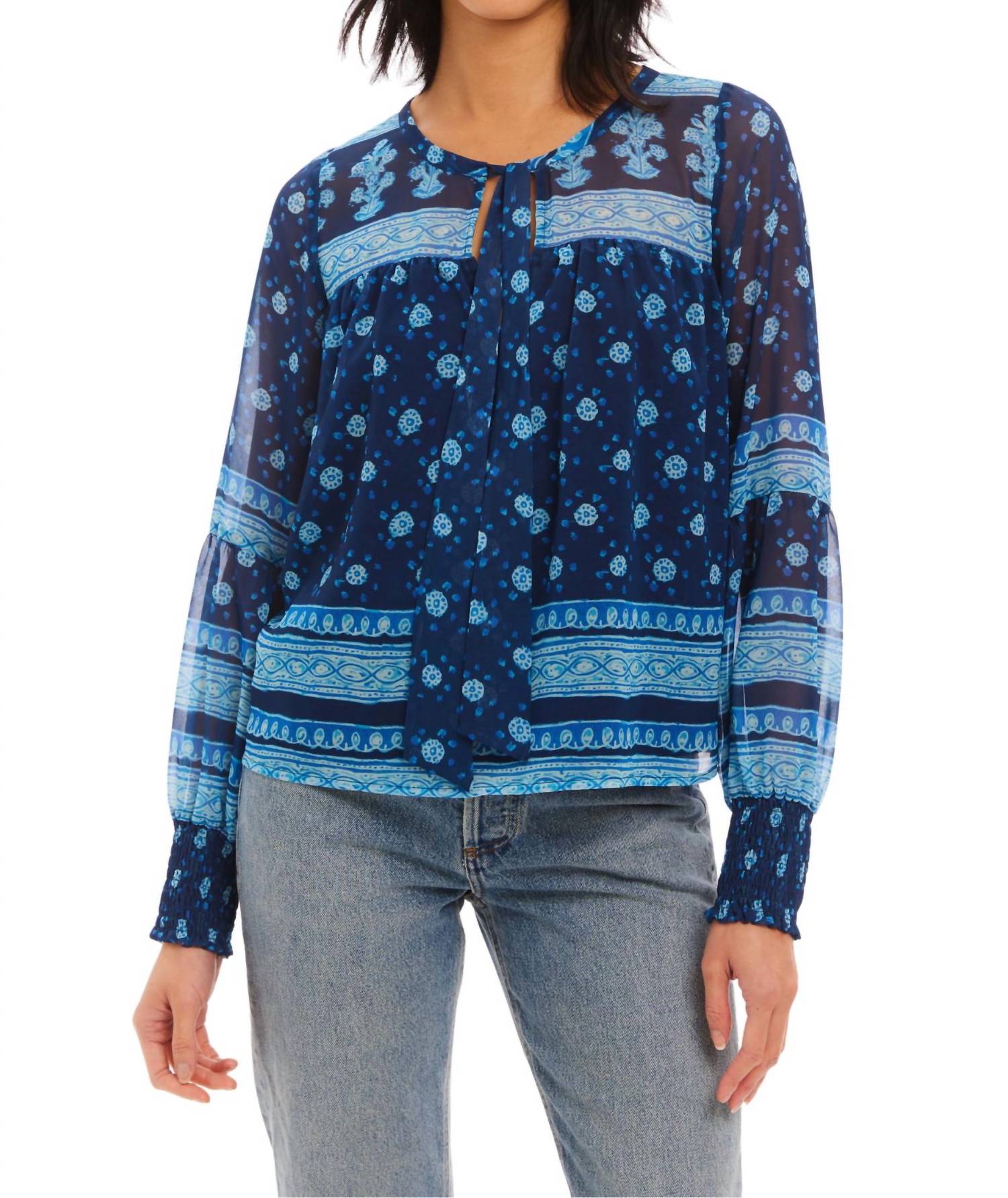 ALLISON NEW YORK Charlie Long Sleeve Blouse in navy medallion - women's blouse - detail view