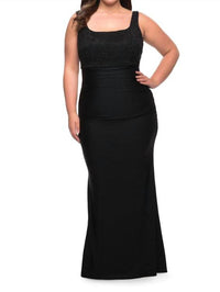 La Femme - Squareneck Jersey Skirt And Lace Bodice Gown