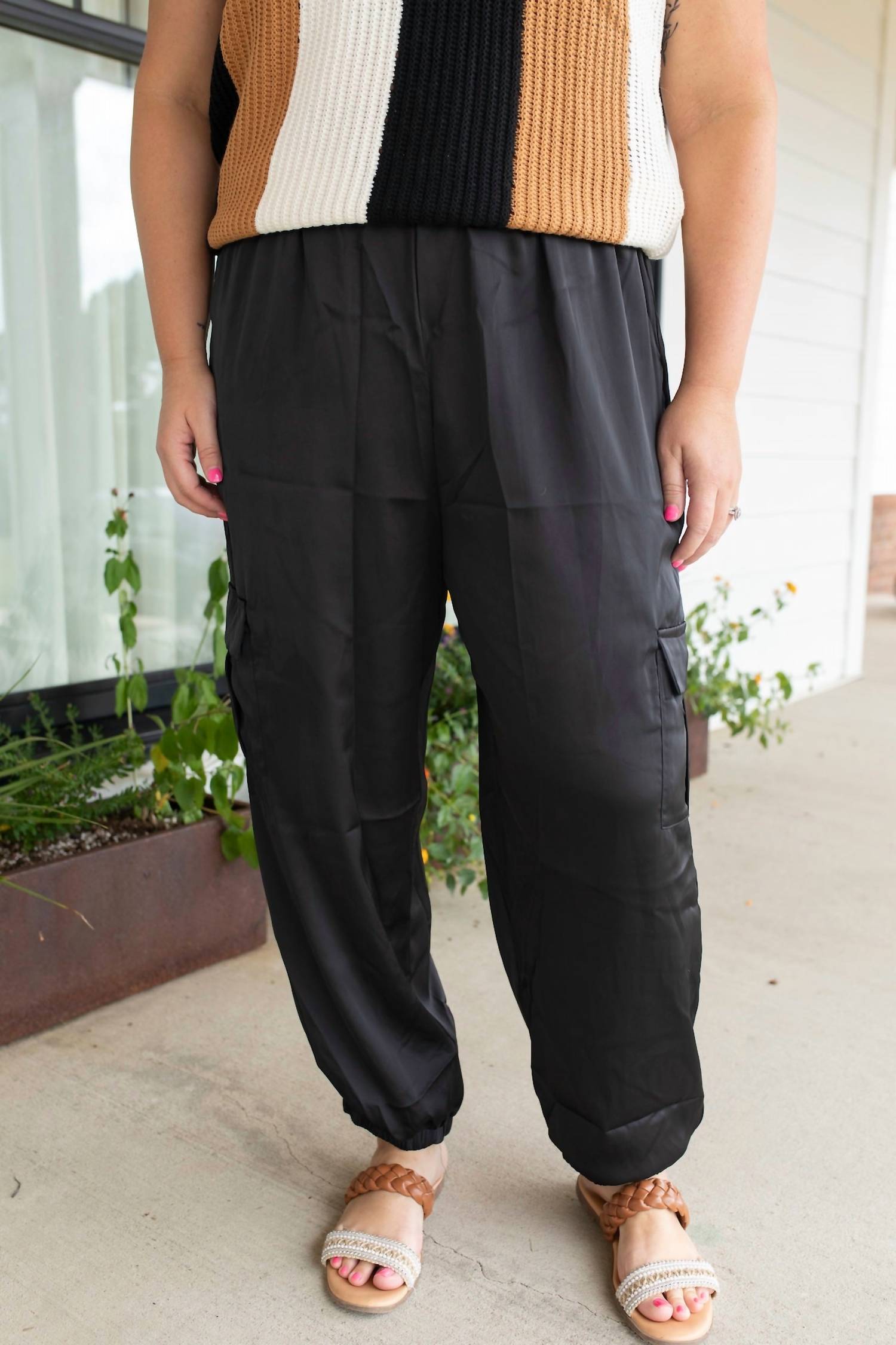 GILLI Drawstring Satin Cargo Joggers - Plus in black - women's pants - view 4