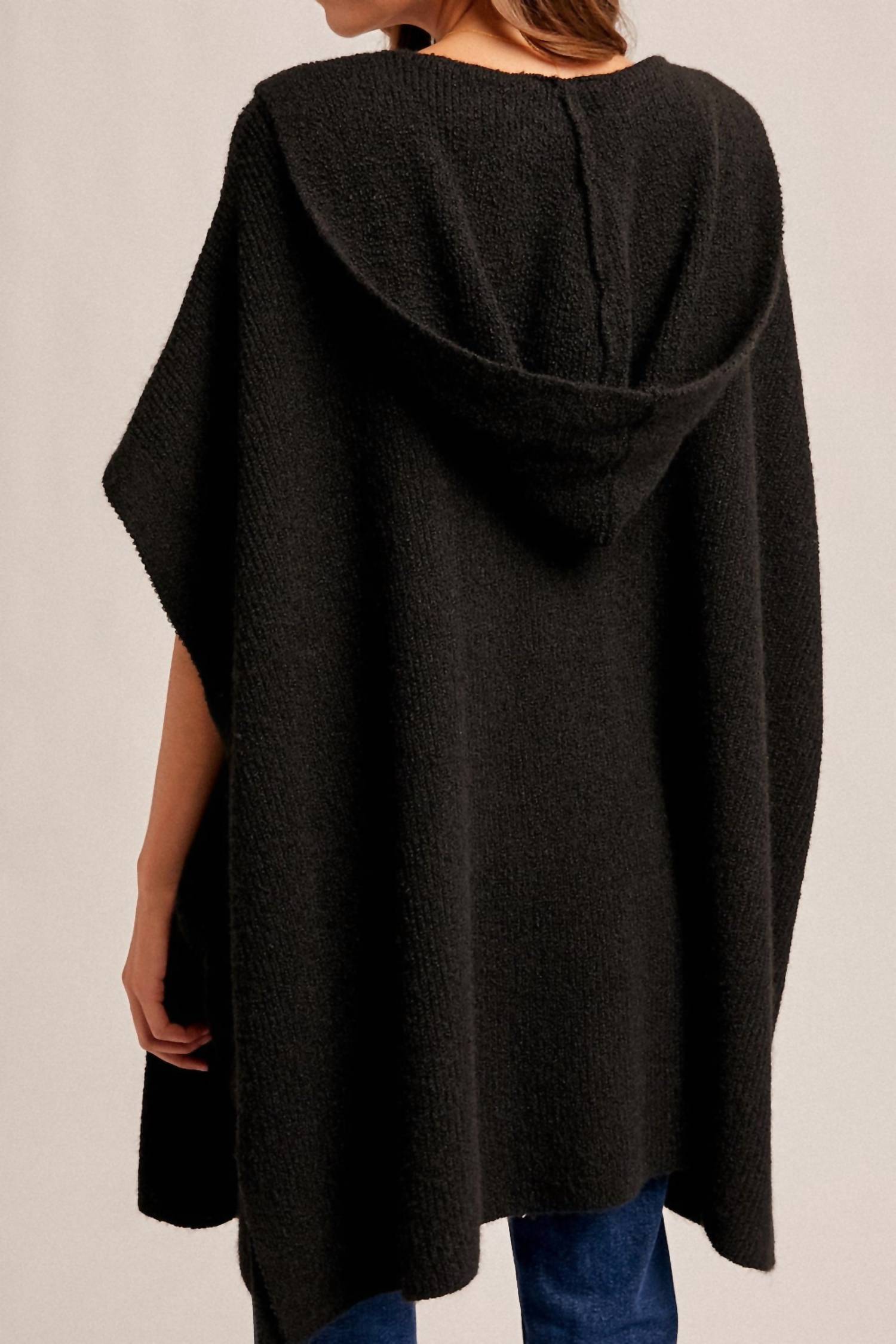 Hem & Thread Hooded Sweater Poncho in black - women's sweater - alternate view