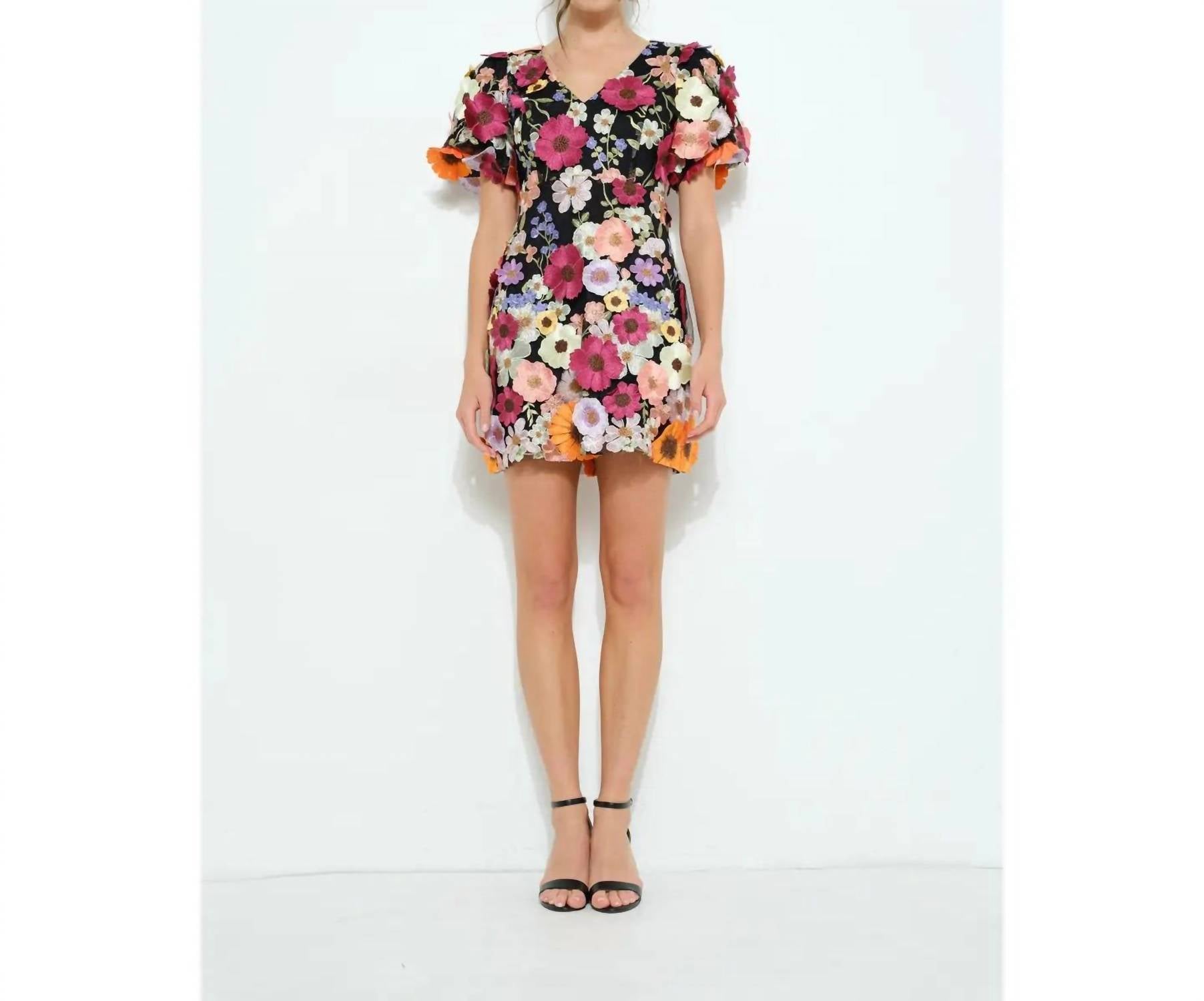 Ina Fashion - Floral Appliqué Puff Sleeve Mini Dress