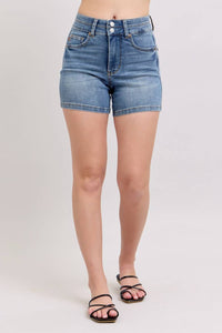 Judy Blue High Waist Tummy Control Cool Denim Double Waistband Shorts in blue - women's shorts