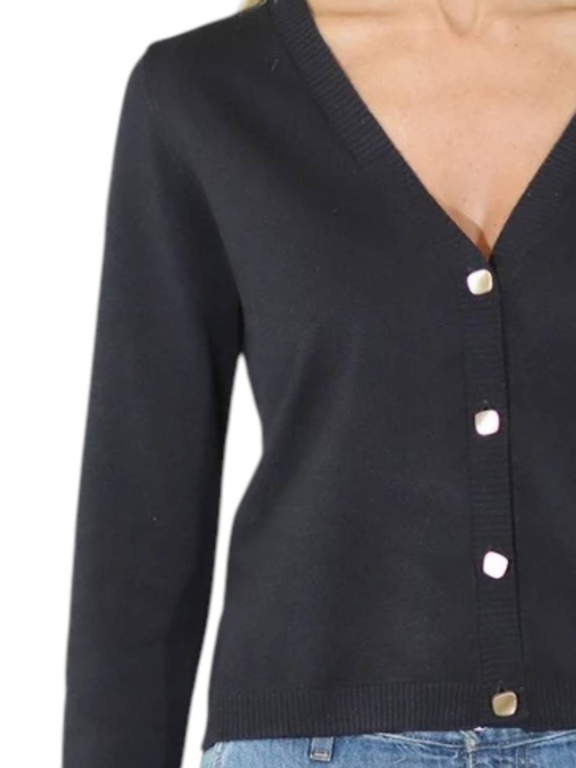 Metric Knits - V Neck Long Sleeve Crop Cardigan with Square Buttons