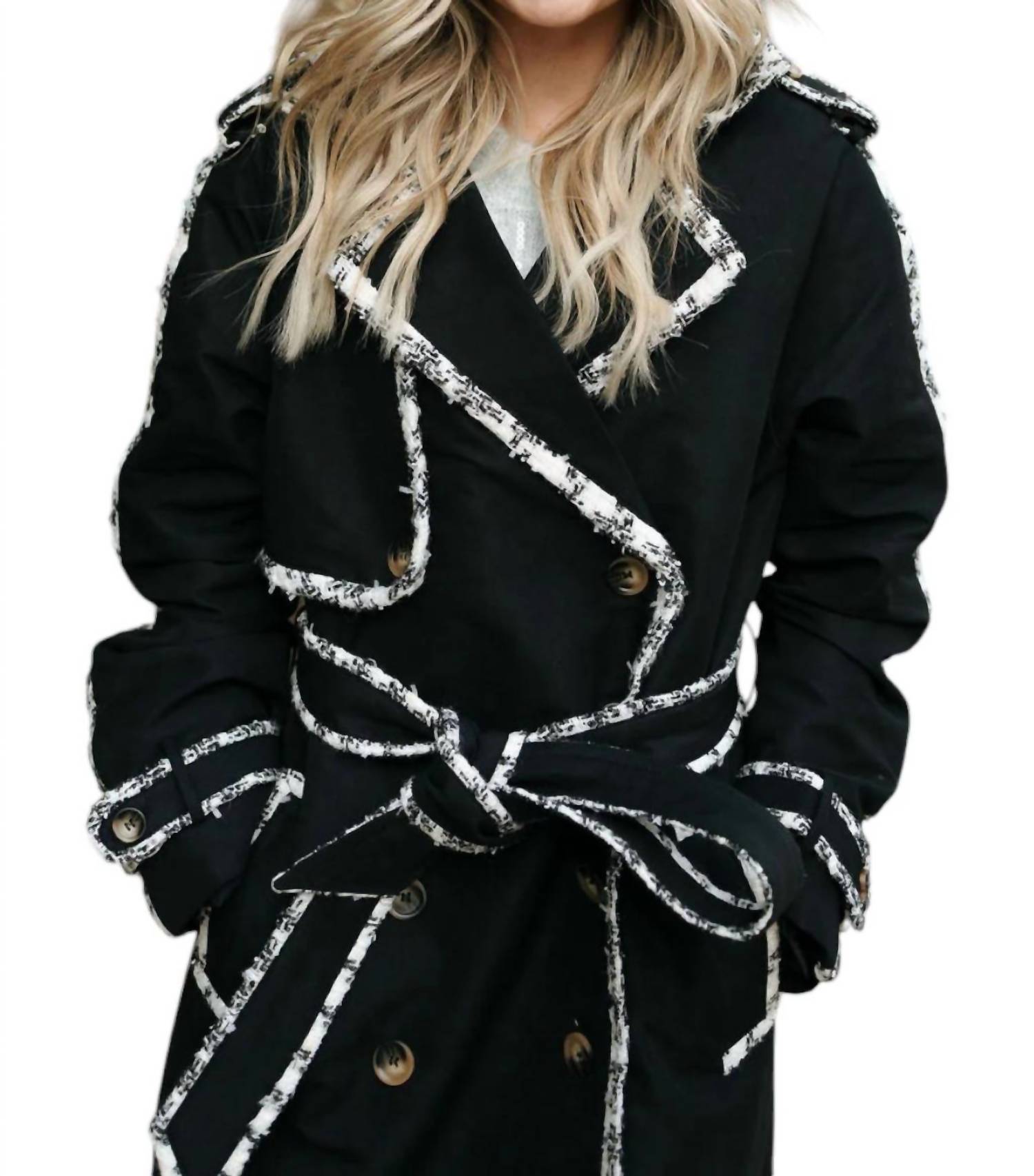 Mable - Tweed Trim Trench Coat Jacket