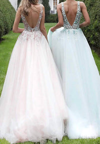 Jovani - Floral Applique Plunging V-neck Tulle Ballgown