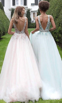 Jovani - Floral Applique Plunging V-neck Tulle Ballgown