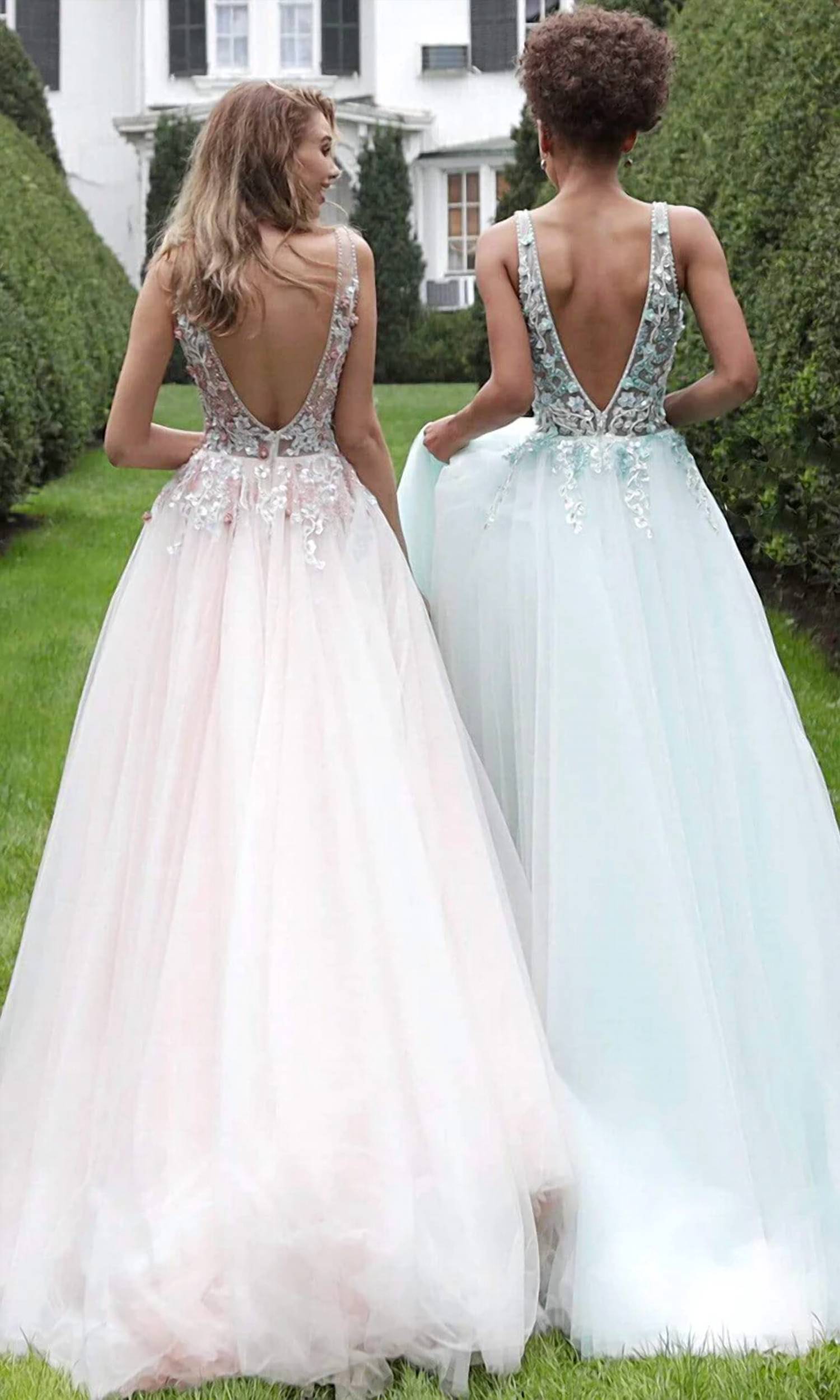 Jovani - Floral Applique Plunging V-neck Tulle Ballgown