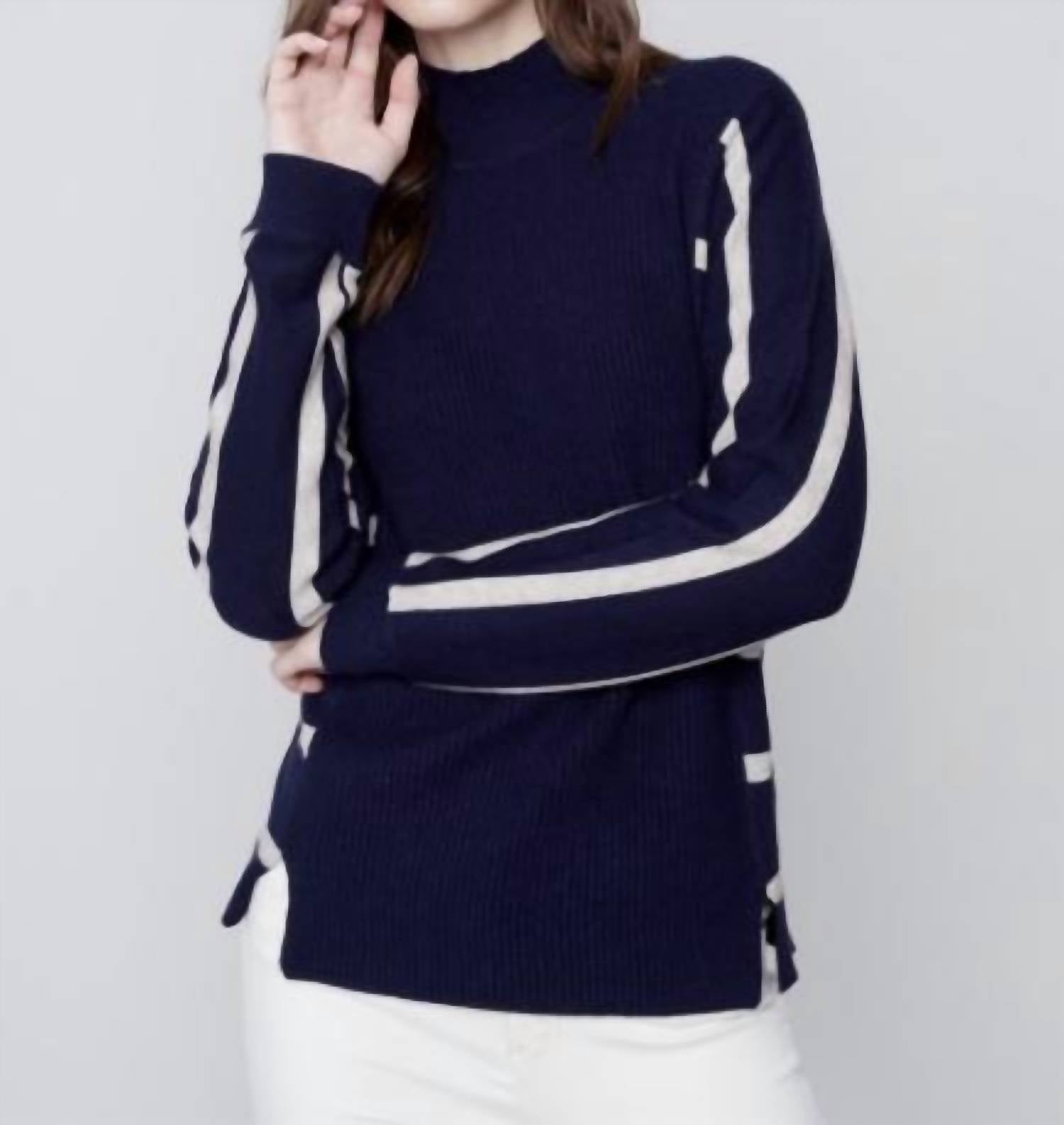 CHARLIE B Cowl Neck Stripe Arm Sweater in navy - women's sweater