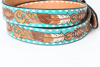American Darling Women's Tooled Leather Western Belt in turquoise aztec and feathers - women's accessory - detail view
