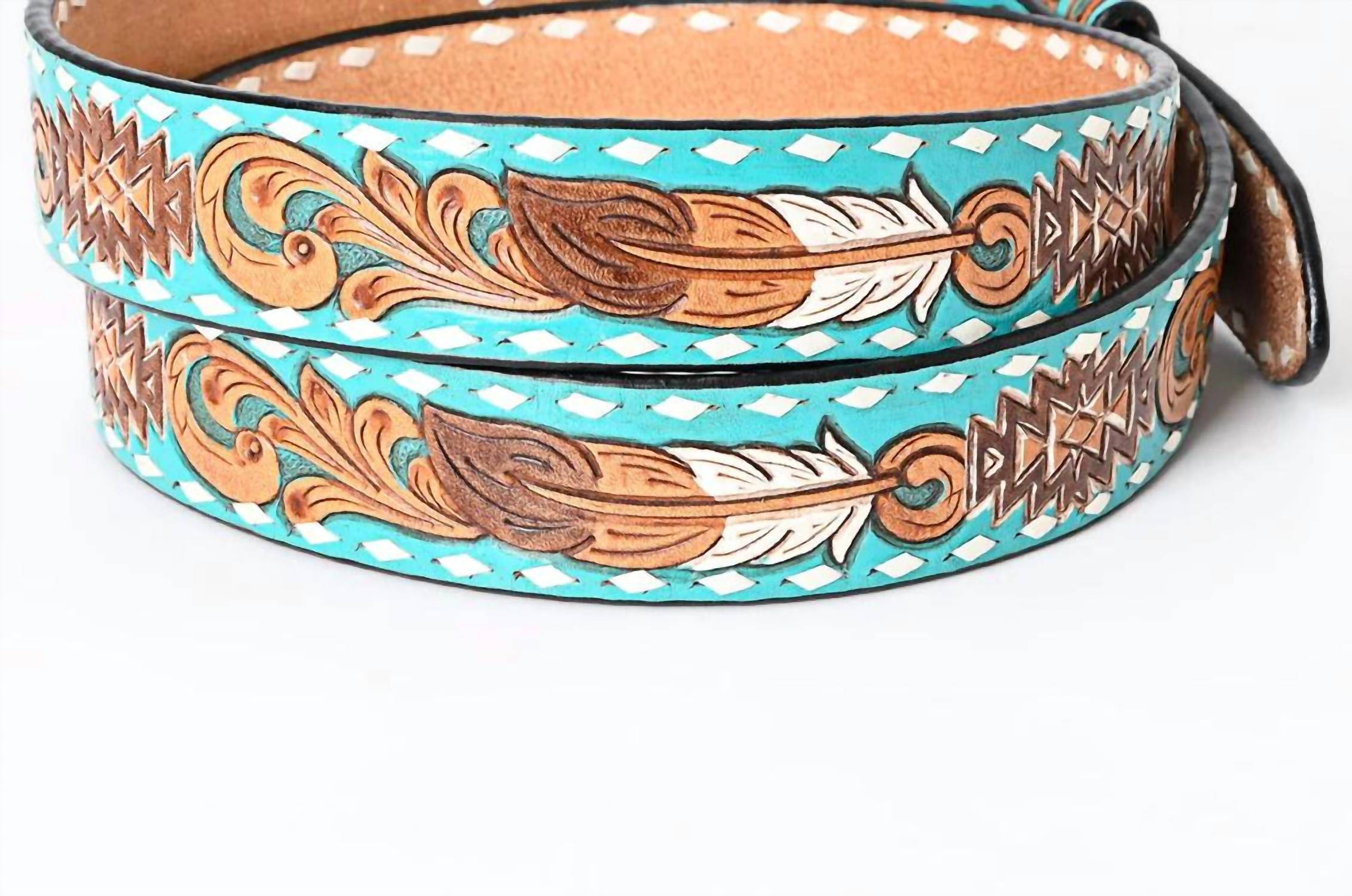 American Darling Women's Tooled Leather Western Belt in turquoise aztec and feathers - women's accessory - detail view
