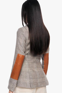 Smythe Hunting Blazer With Rectangle Elbow Patch in dove glencheck - women's jacket - detail view