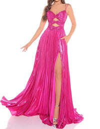 AMARRA Metallic Cutout A-line Slit Gown in fuchsia - women's dress