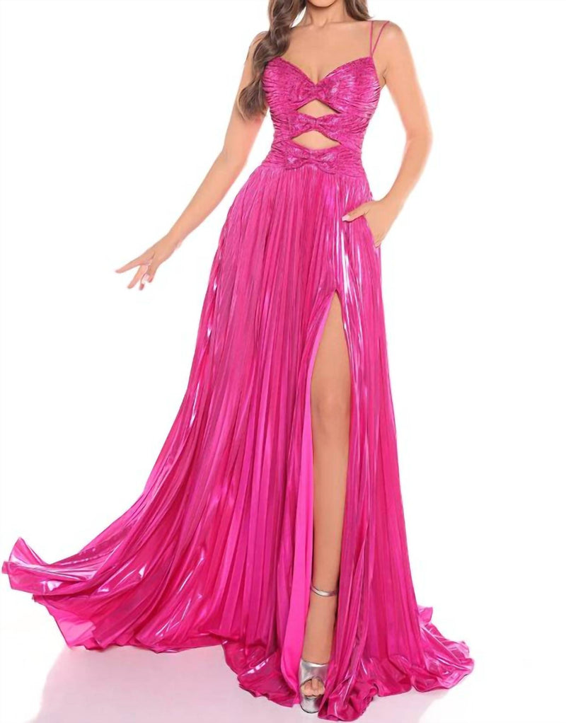 AMARRA Metallic Cutout A-line Slit Gown in fuchsia - women's dress
