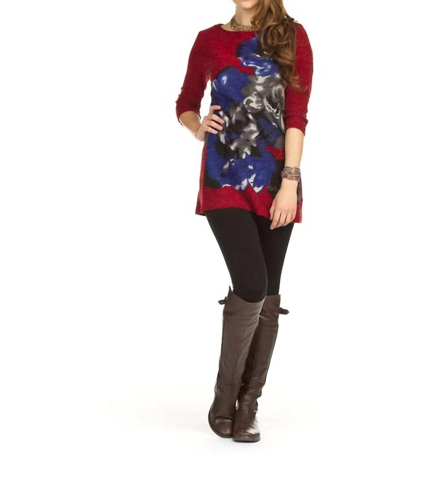 Papillon - Flower Placement Print 3/4 Sleeve Sweater Dress