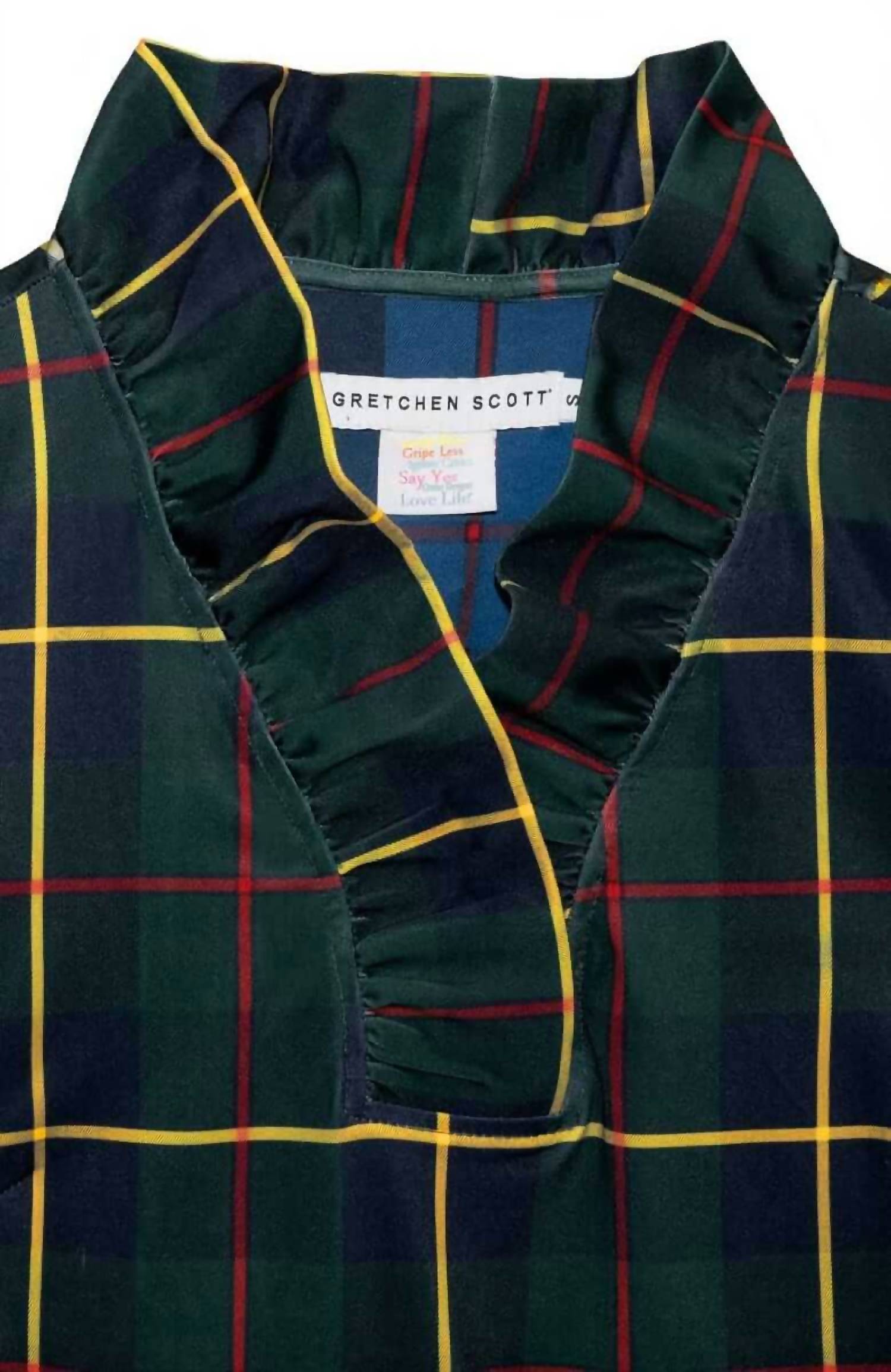 GRETCHEN SCOTT Plaidly Cooper Jersey Ruffneck Dress in green multi - women's dress - detail view