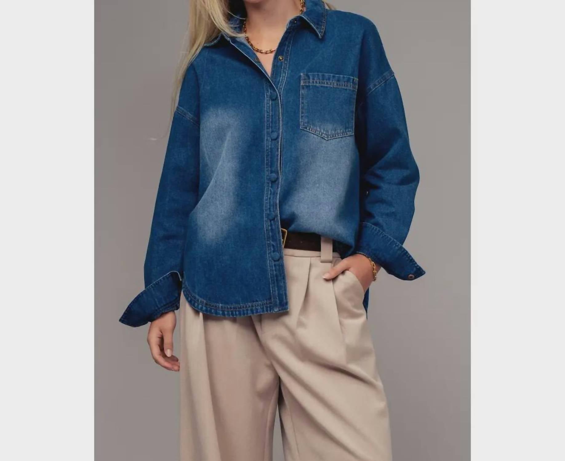 Urban Daizy - Women's Denim Elbow Patch Button Up Shirt