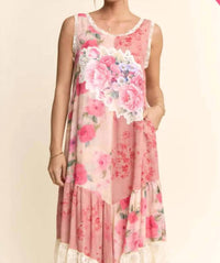 Davi & Dani - Women's Print Flower Patchwork Lace Tiered Dress - Plus