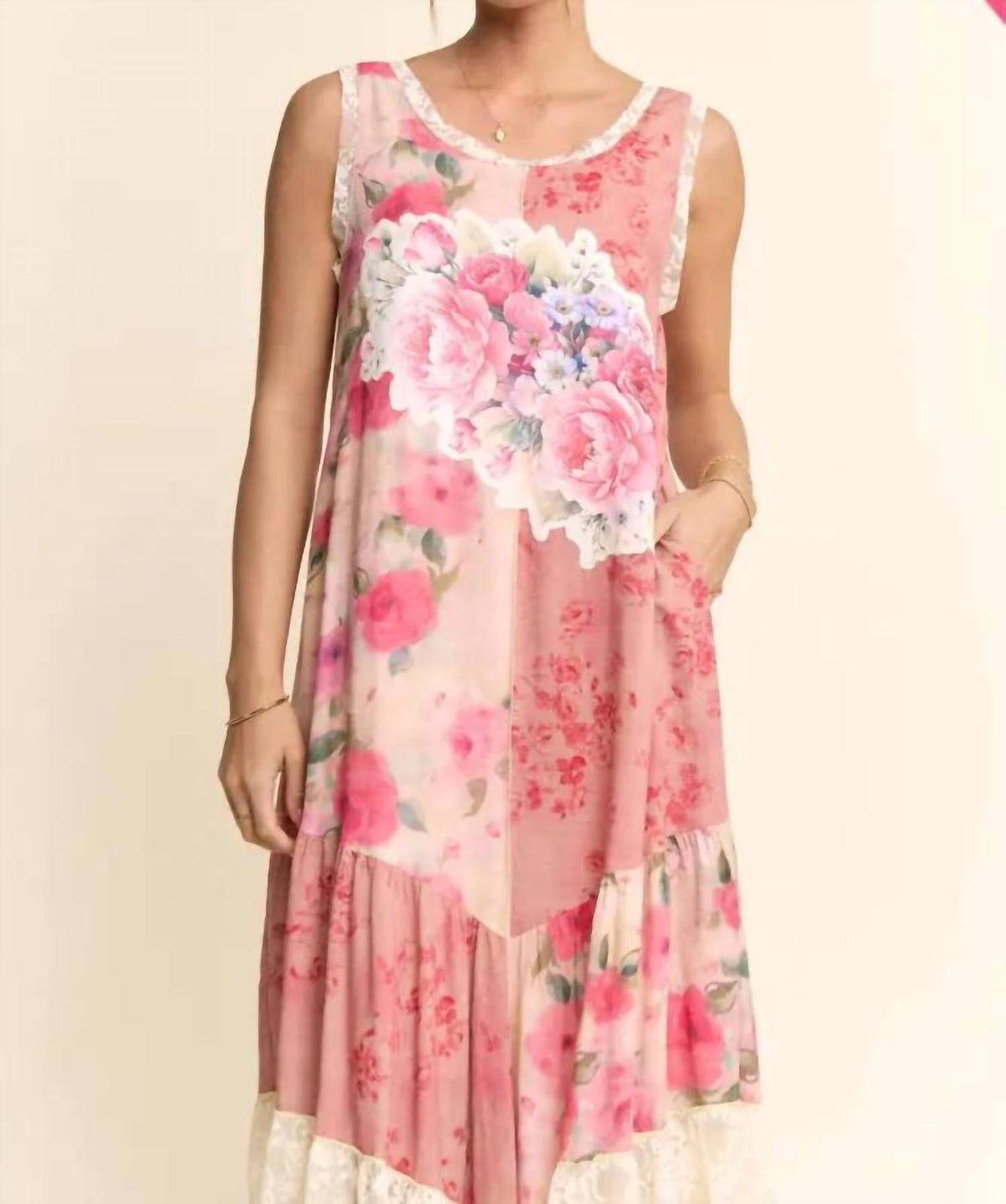 Davi & Dani - Women's Print Flower Patchwork Lace Tiered Dress - Plus