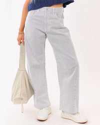VERVET BY FLYING MONKEY High Rise Barrel Leg Stripe Jean in off white - women's jeans