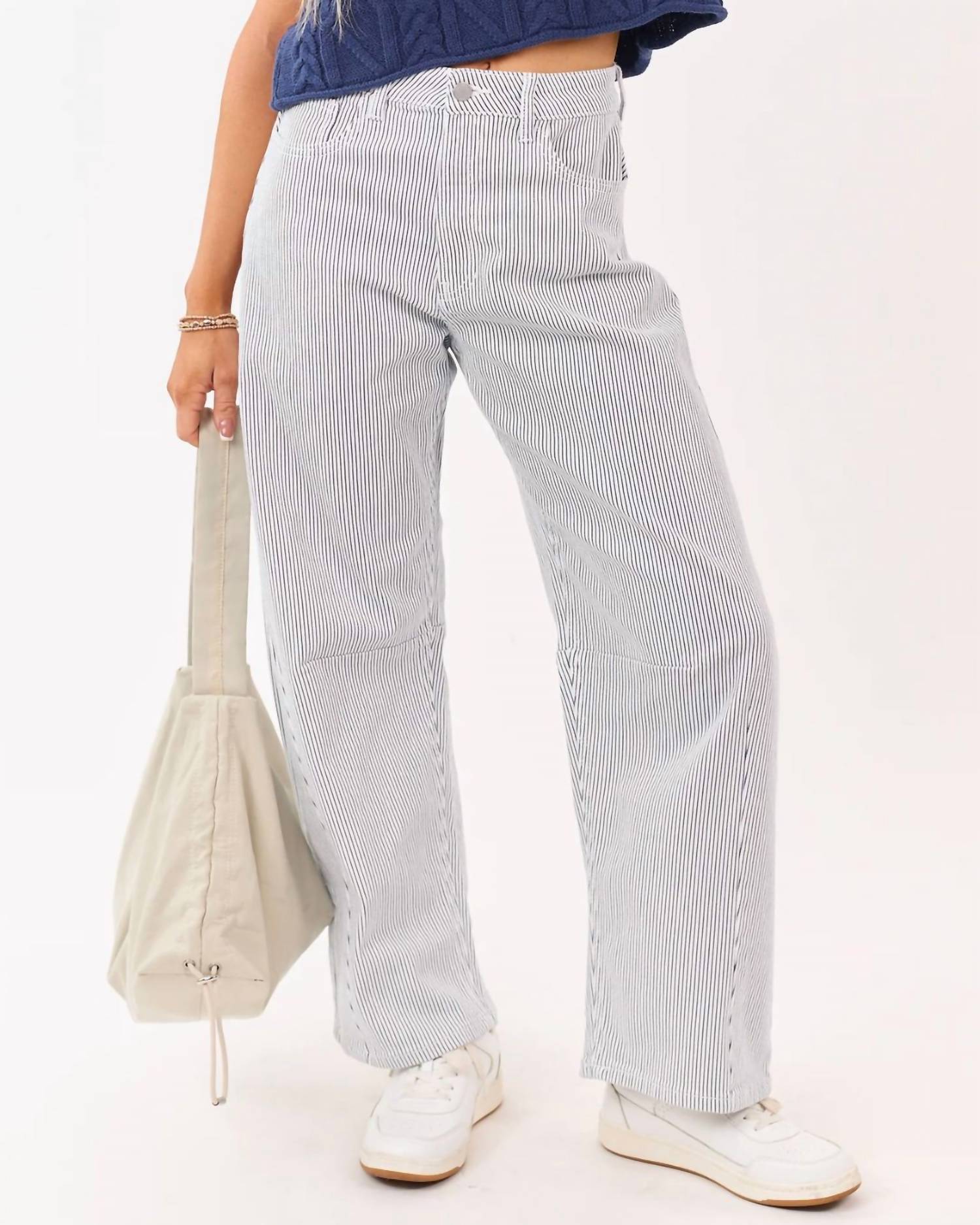 VERVET BY FLYING MONKEY High Rise Barrel Leg Stripe Jean in off white - women's jeans