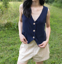 LUMIERE Classic Pinstripe Vest in navy - women's jacket - detail view