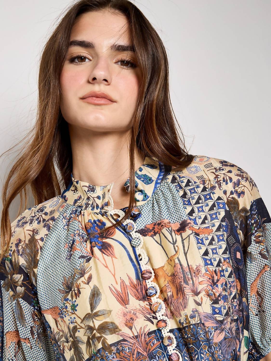 APRICOT Patchwork Art Midi Dress in navy - women's dress - detail view