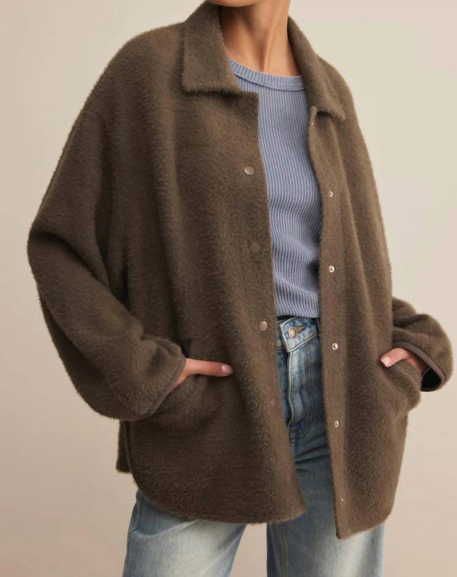Z Supply Bronx Sweater Knit Jacket in tavern - women's jacket - detail view