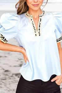 Aapparella - Contrast Leopard Trim Puff Sleeve Blouse
