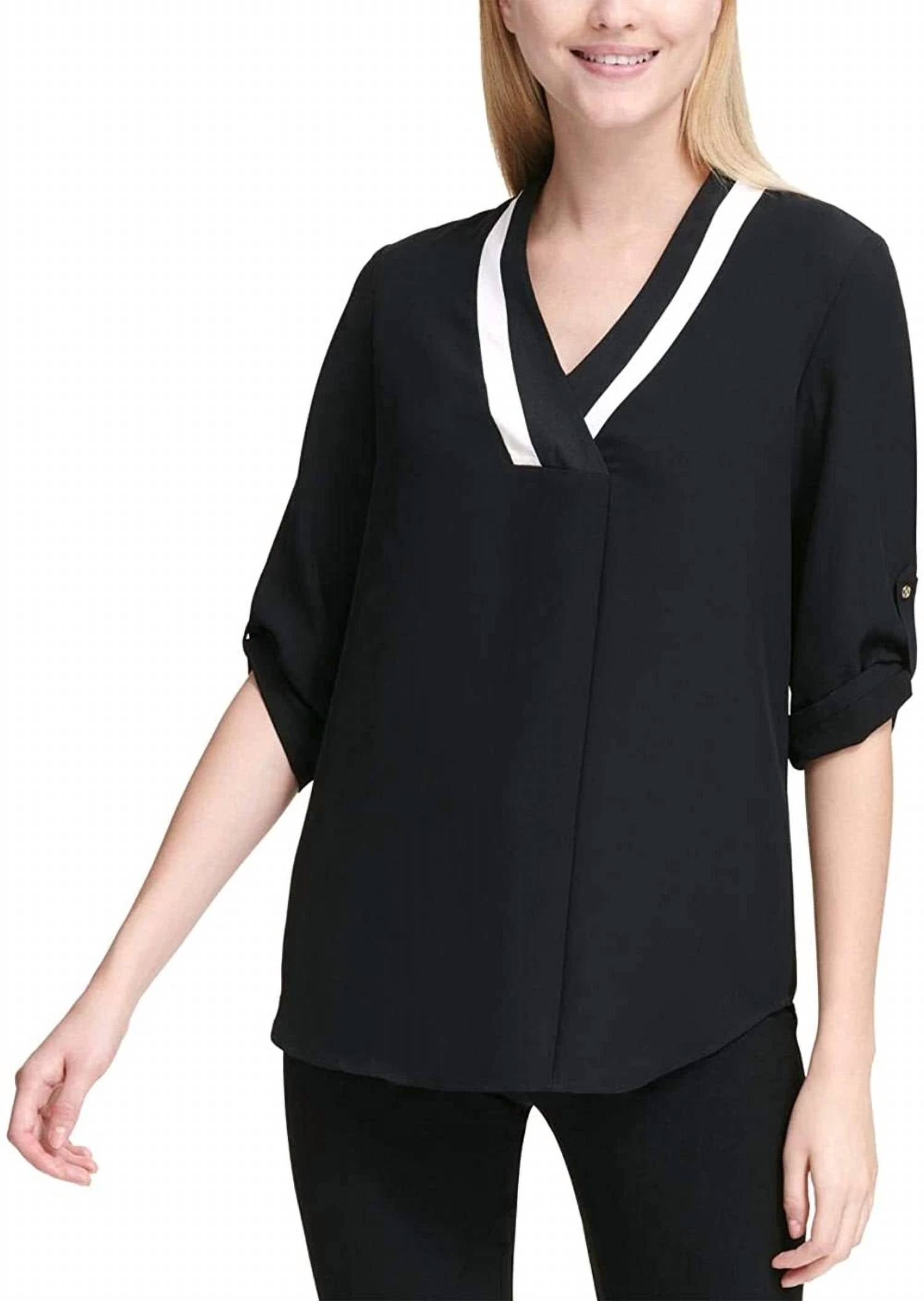 Calvin Klein - Contrast Neck Roll Tab Sleeve Top