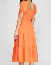 She + Sky - SHORT PUFF SLEEVE WOVEN PRINT MIDI DRESS