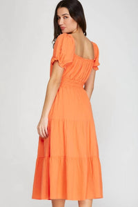 She + Sky - SHORT PUFF SLEEVE WOVEN PRINT MIDI DRESS