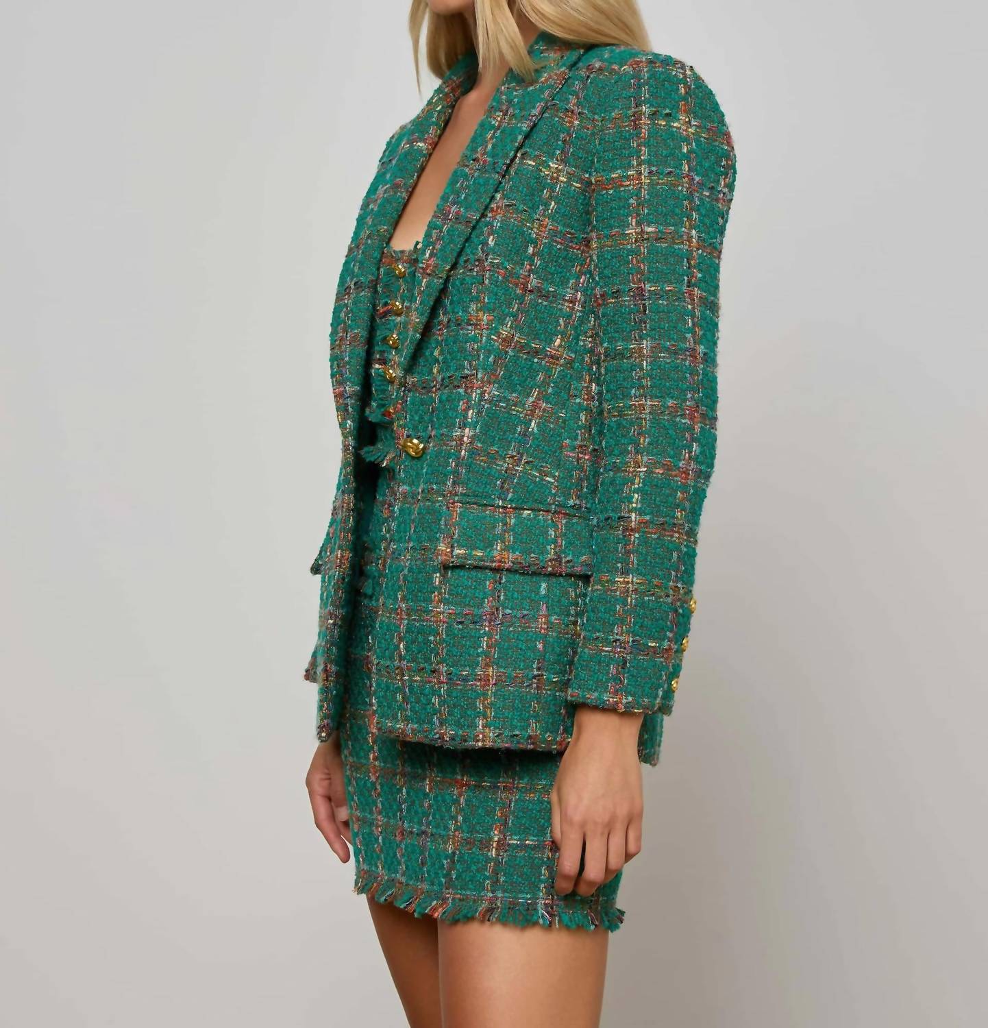 L'Agence Gweny Blazer in green windowpane tweed - women's jacket - detail view