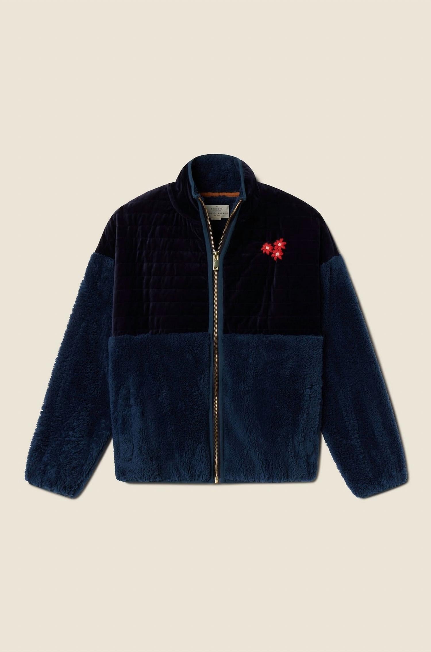 TROVATA Lennox Zip Up Jacket in dark sapphire velvet - women's jacket - detail view