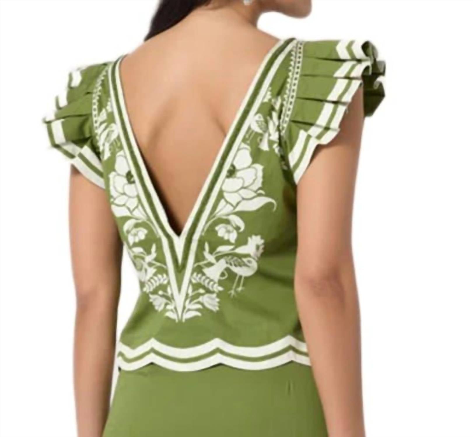 SCARLETT POPPIES Vittore V-neck Top in green - women's blouse - detail view
