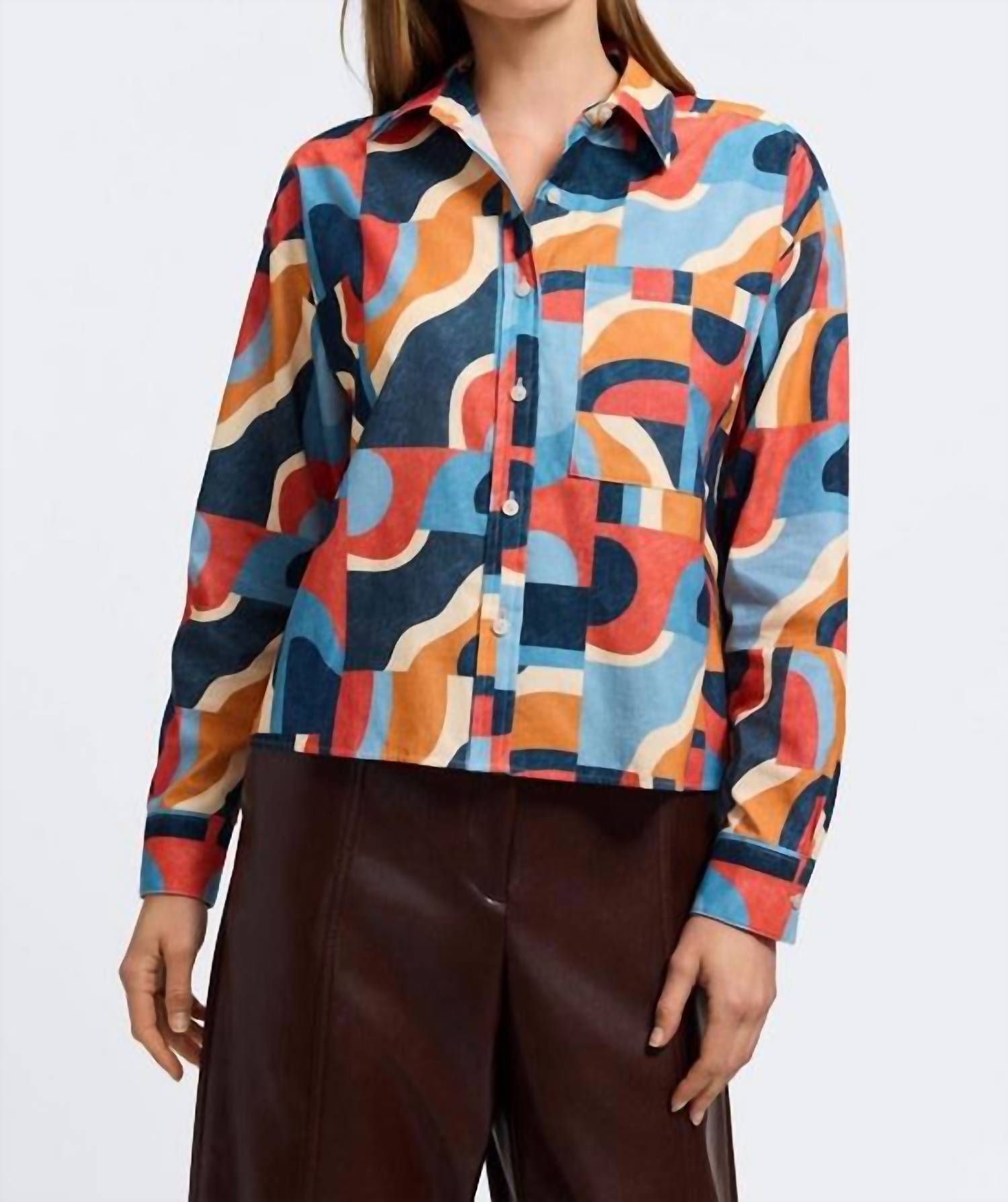 Foxcroft Marina Long Sleeve Corduroy Top in mid century art - women's long sleeve top