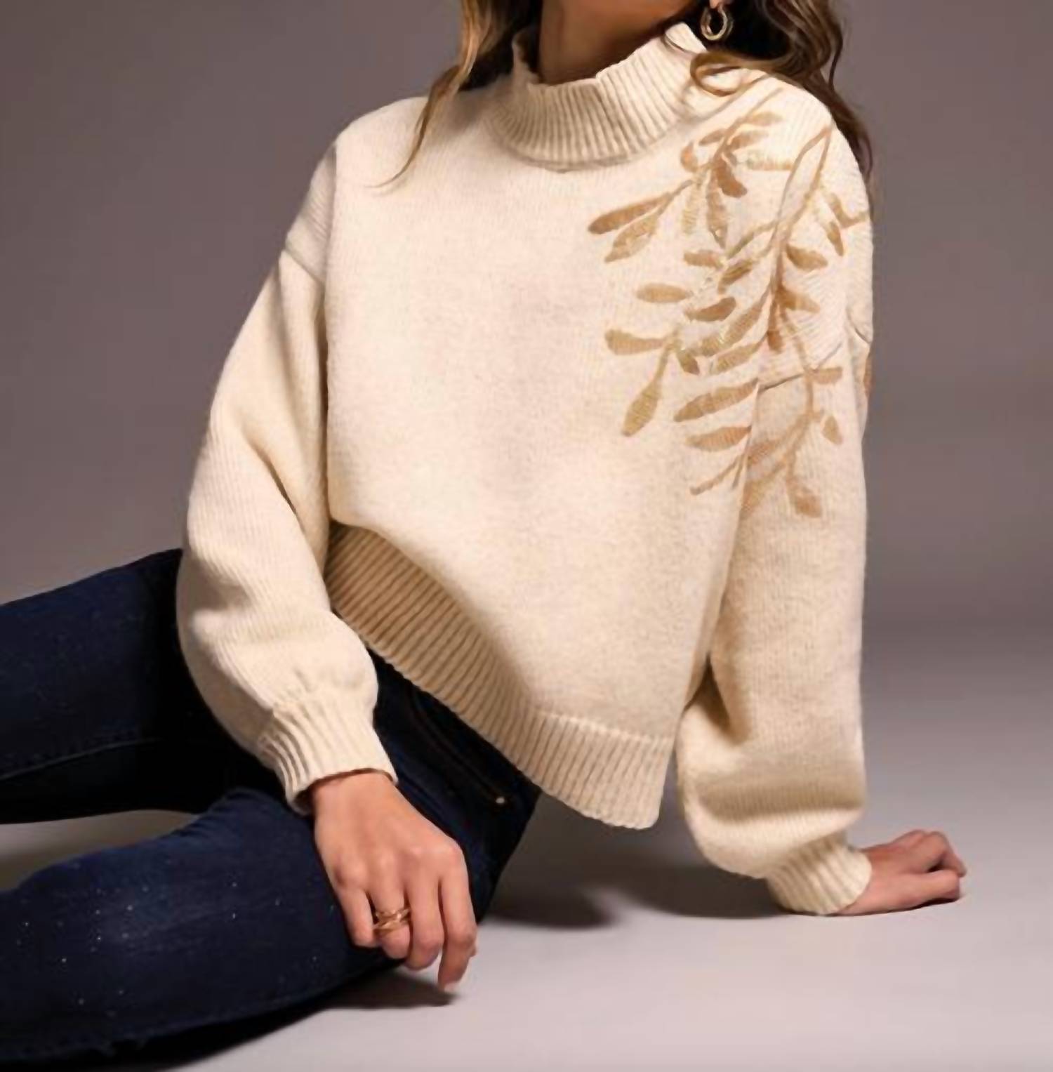 TRIBAL Mock Neck With Sequins Sweater in latte - women's sweater - view 4