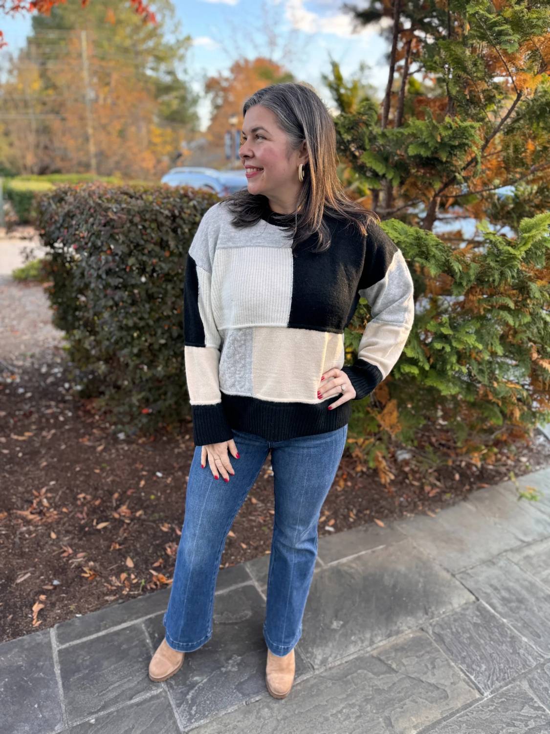 Entro - Color Block Round-neck Sweater