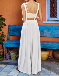 BUCKETLIST Free Spirit Wide Leg Knit Suspender Jumpsuit in white - women's pants - detail view