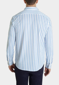 Buki Barrett Stripe Long Sleeve Tech Shirt in blue white - men's long sleeve top - detail view