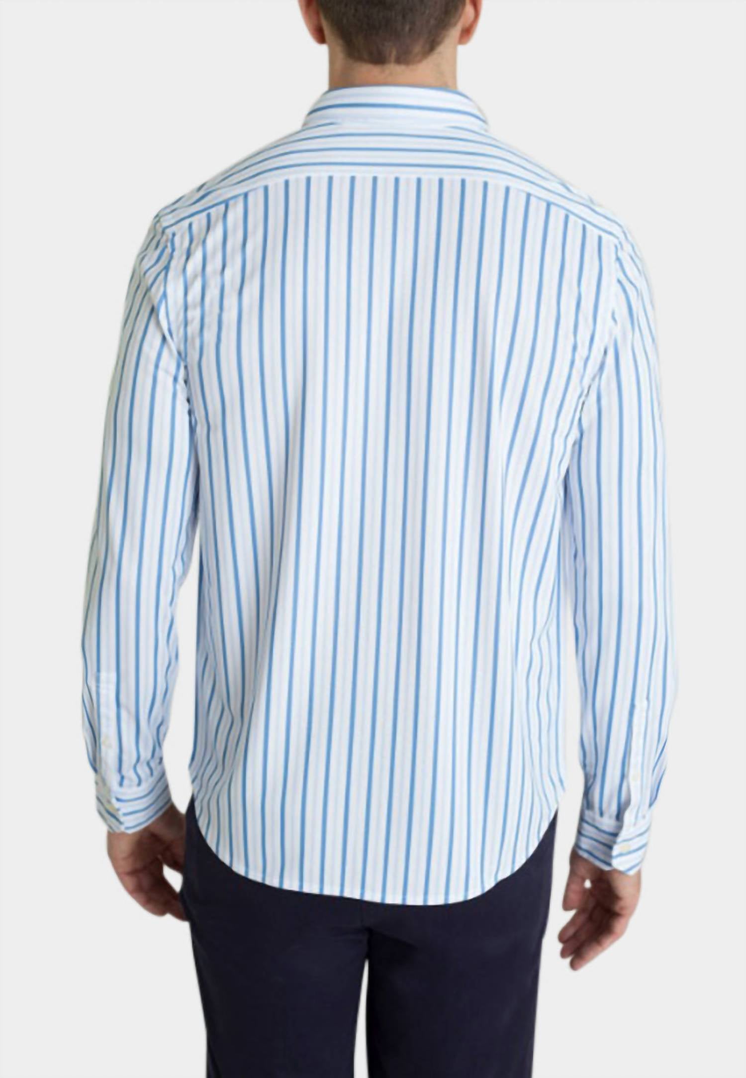 Buki Barrett Stripe Long Sleeve Tech Shirt in blue white - men's long sleeve top - detail view